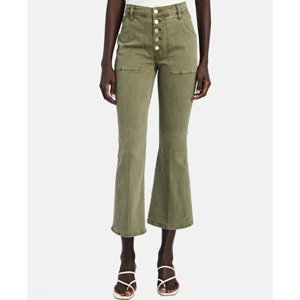 Frame Le Crop Flare Button Fly Green Denim Jeans
